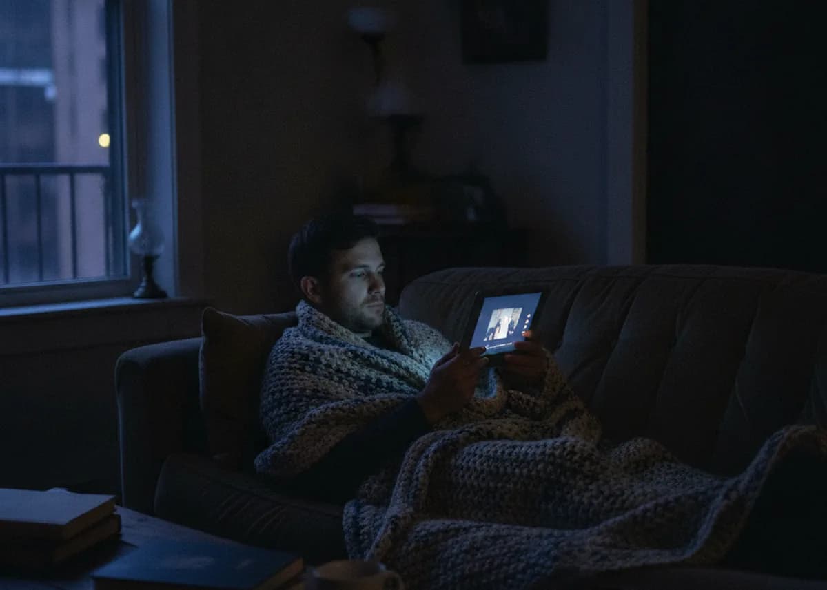Man watching a video on a tablet at home in the evening