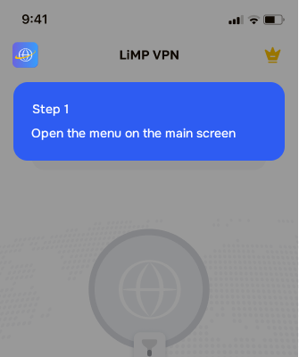 Step 1 in the LiMP VPN app: on the home screen open the menu (top-left icon)