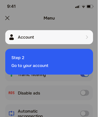 Step 2: in the app menu choose “Personal account”