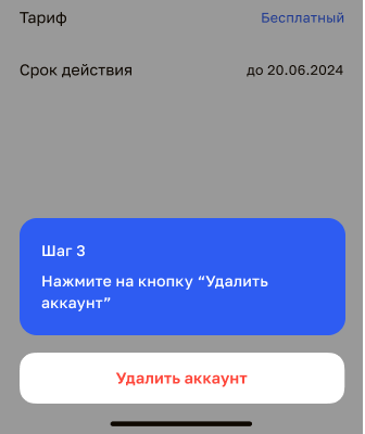Шаг 3: в личном кабинете под тарифом нажмите красную кнопку «Удалить аккаунт»